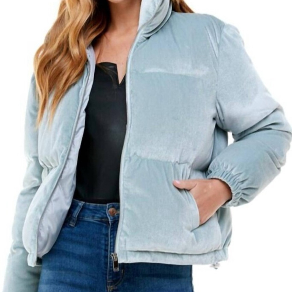 🩵 Velvet Blue Puffer Coat Jacket